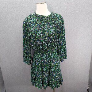 Floral Patterned Green & Blue Womens Dress With Keyhole Back